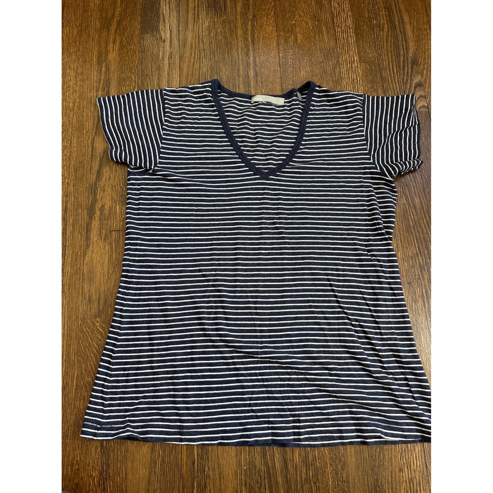 Vince Navy Blue White Striped V-Neck Short Sleeve T-Shirt Womens Size M